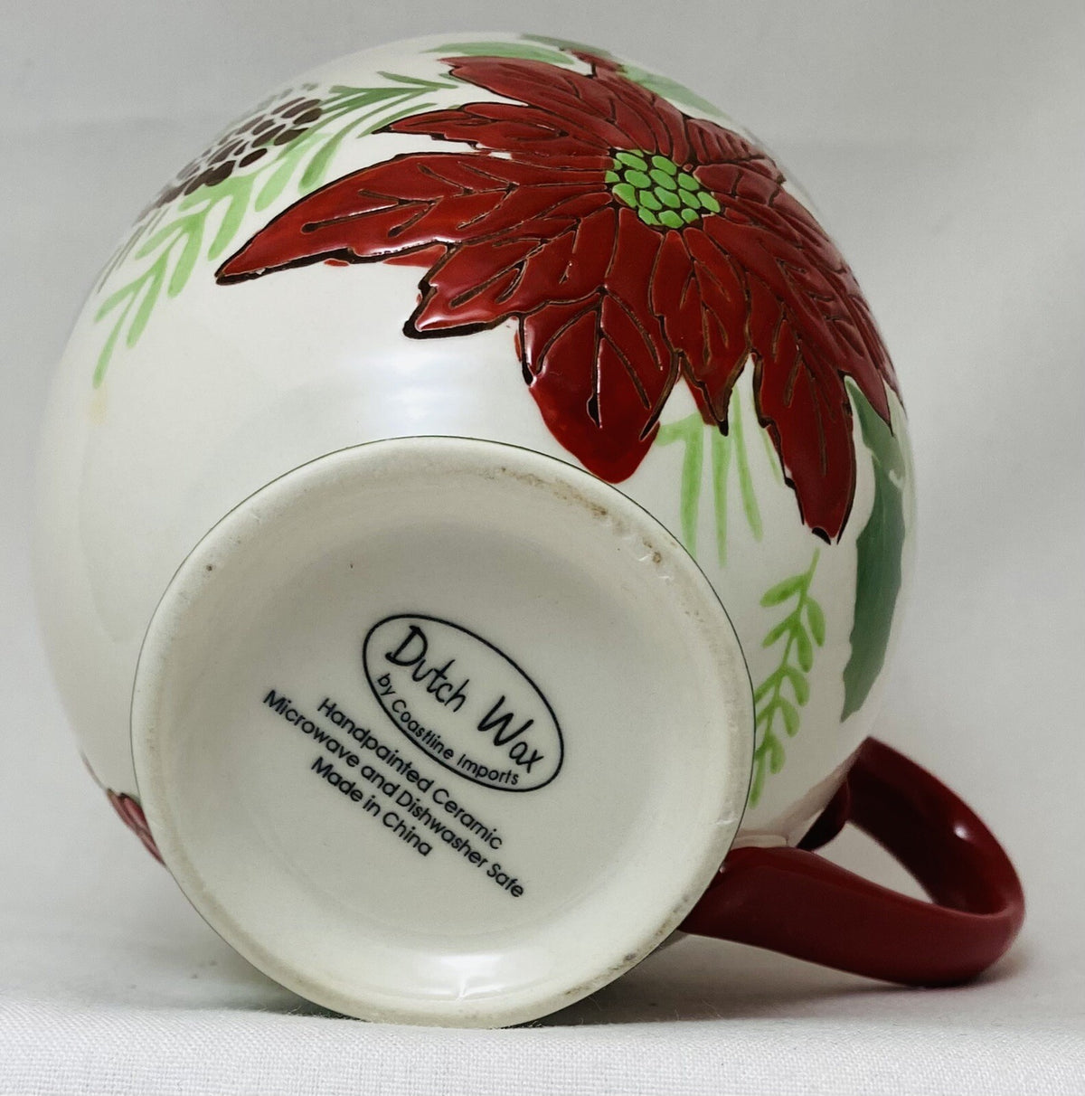Dutch Wax Footed Cup Coastline Imports Hand Painted Poinsettia Holly Berries