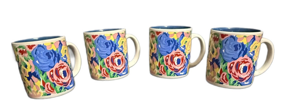KIC Franco Hand Painted Style Floral Coffee Mugs Set 4 Blue Interior Korea 10 oz