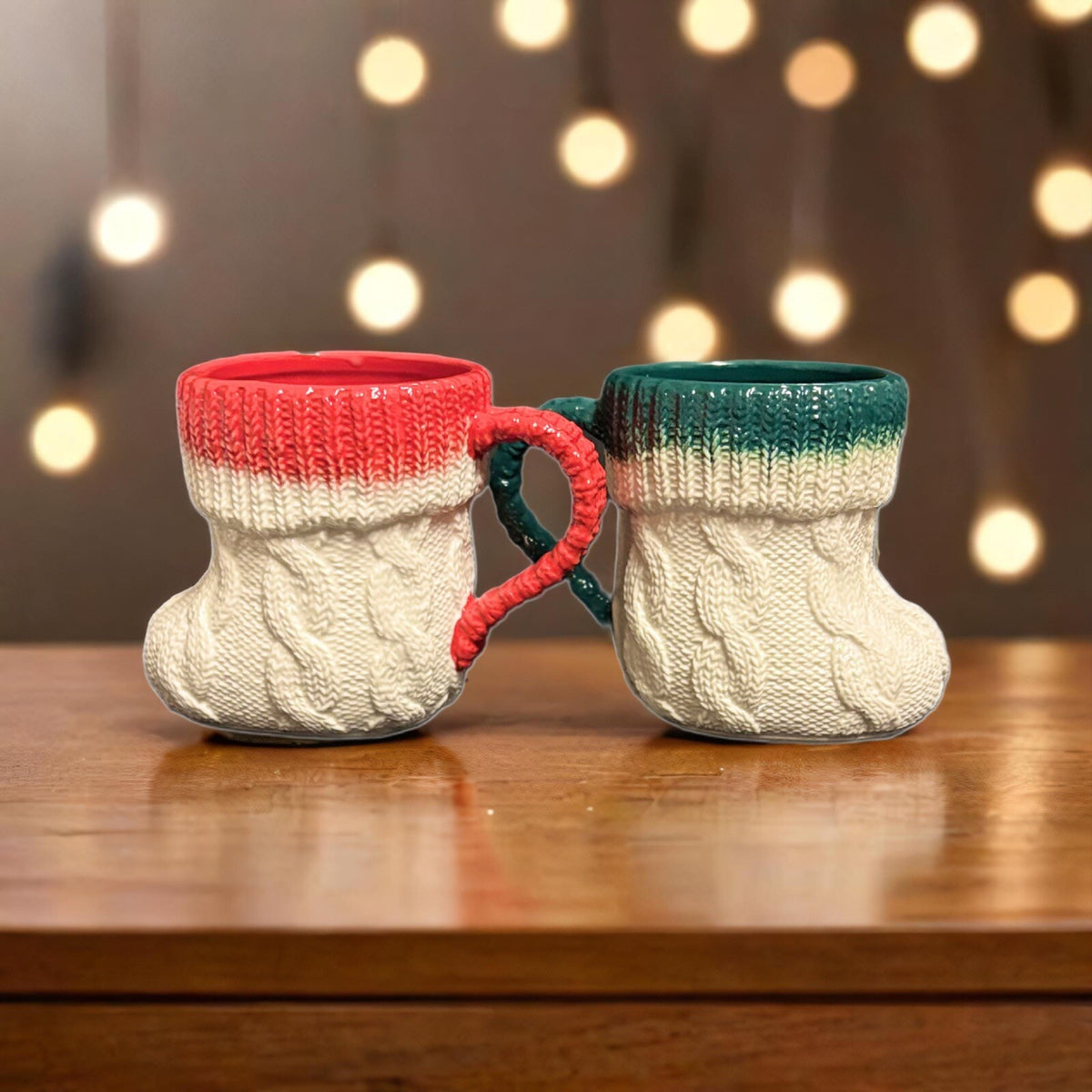 Anthropologie 2-Mugs CABLE KNIT Design Winter Holiday Boot Shape Coffee Tea Cups
