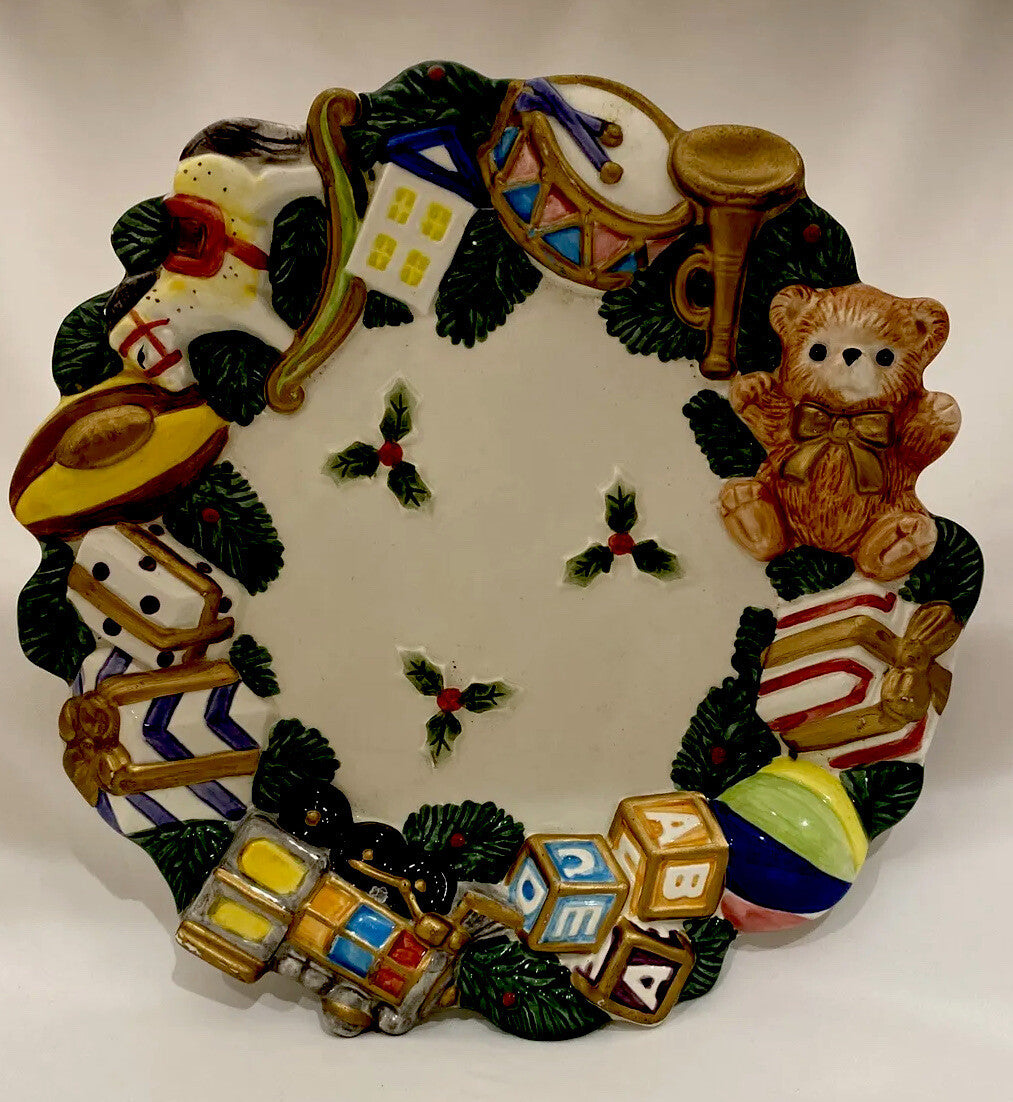 Fitz and Floyd Christmas Decor Plate w/Teddy Bear Toys Trumpet Drums ABC Cubes