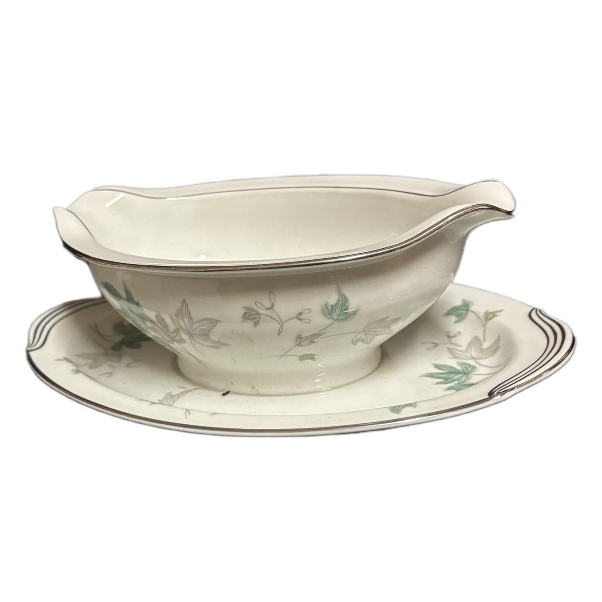 Noritake Greenwood Gravy Boat Condiment Dish Leaves Silver Trim Japan 5769