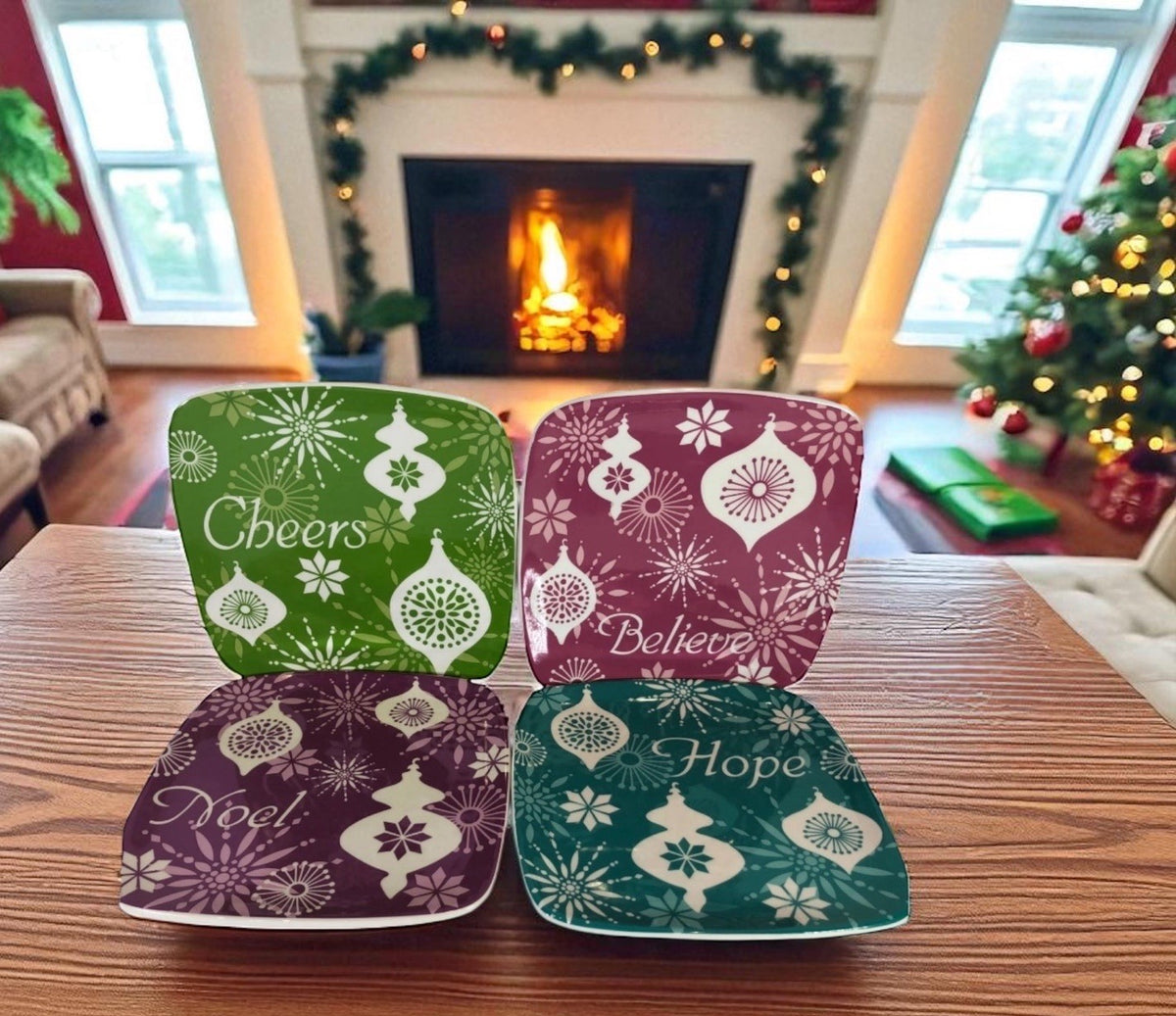 Brighten The Season 2011 Christmas Lights 4 Sq. Plates-Noel Cheers Believe Hope
