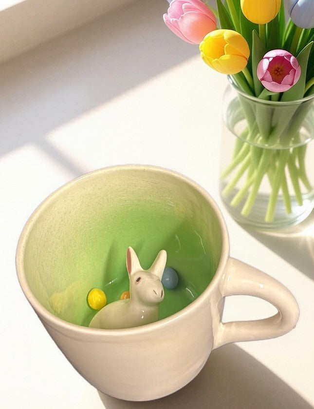 Handmade Studio Pottery Easter Bunny Mug Hidden Surprise Inside Green Ceramic