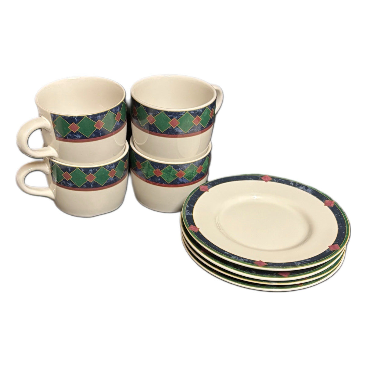 Pfaltzgraff AMALFI Classic 4-Cups 4-Saucers Tea Coffee Ceramic Geometric Design