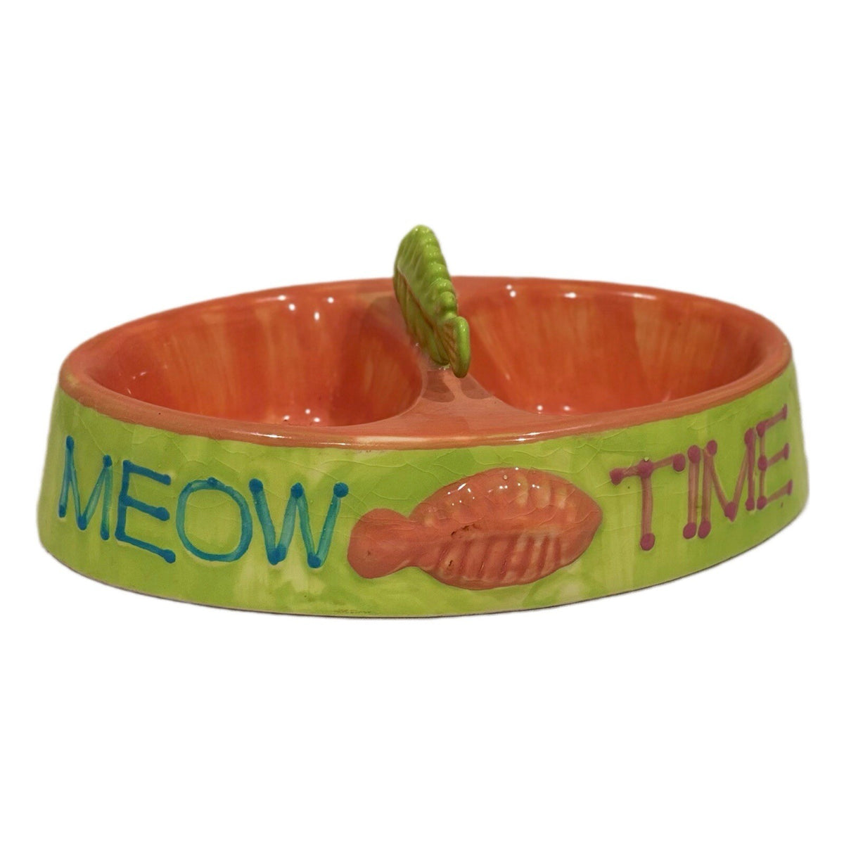 Rare Kitty Cat MEOW TIMEDouble Food Water Bowl Stoneware Dish Fish Handle