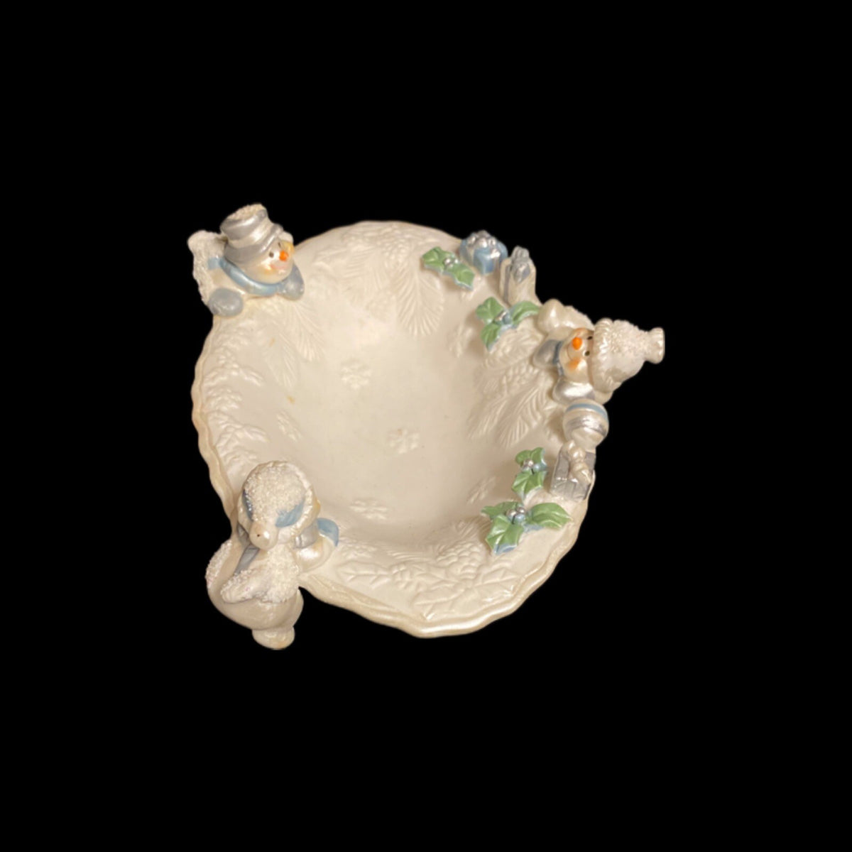 Holiday Sparkle Candy Dish SNOWMAN Christmas Ceramic White Snowmen Trinket 8"L