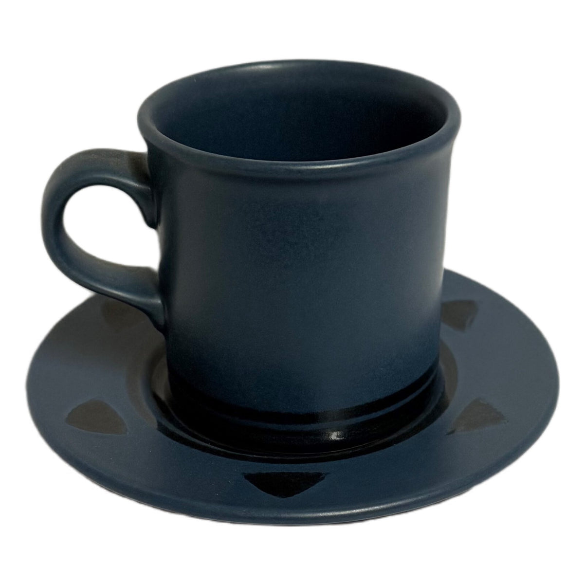 Pfaltzgraff Morning Light Cups & Saucers Set of 7 | Cobalt Blue Triangles