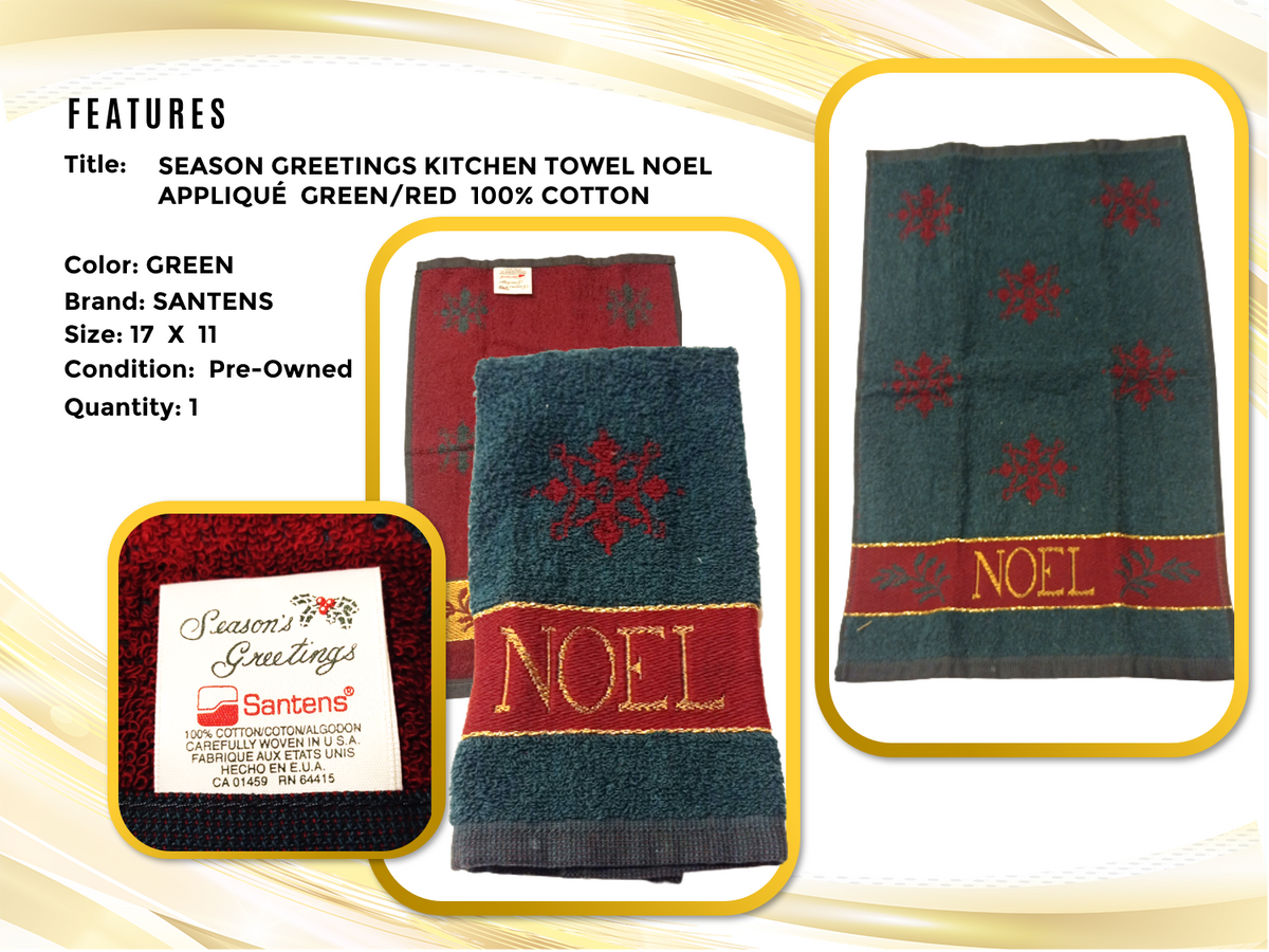 SANTENS Season Greetings Towel Noel Green Red Appliqué 100% Cotton Christmas Set