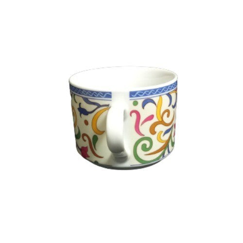 Gibson Designs LYON 6-Cups Coffee Tea Blue Band Multicolor Scrolls Flowers 8 Oz