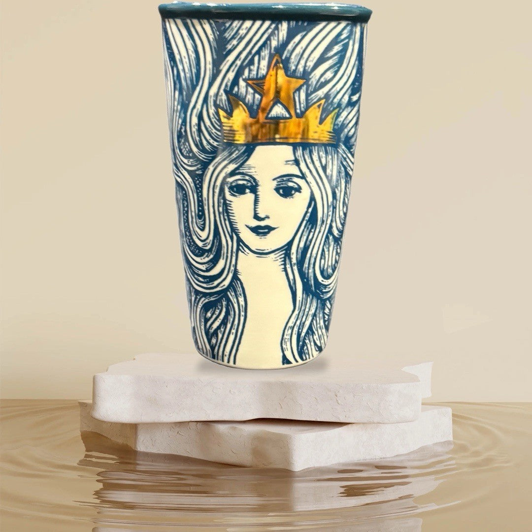 Starbucks 2016 Blue Siren Tumbler 12oz Gold Crown Limited Edition w/ Lid