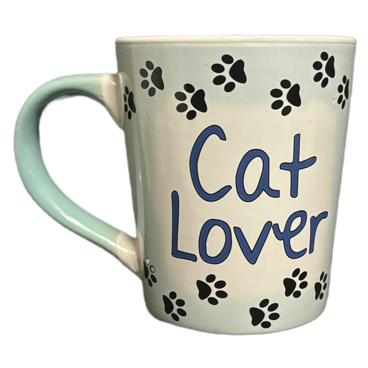 Tumbleweed Pottery Mug CAT LOVER Ceramic Coffee Tea Cup Paw Prints White & Blue