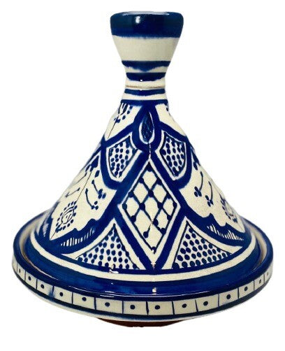 Moroccan Tagine Handcrafted Dome Lid Terracotta White & Blue Tajine 7 7/8”D