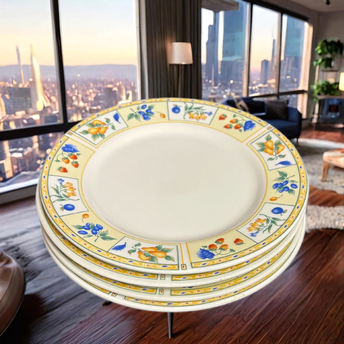 Gibson Designs FRUIT A PLENTY 4-Salad Plates Fruits Yellow Border Dessert Dish