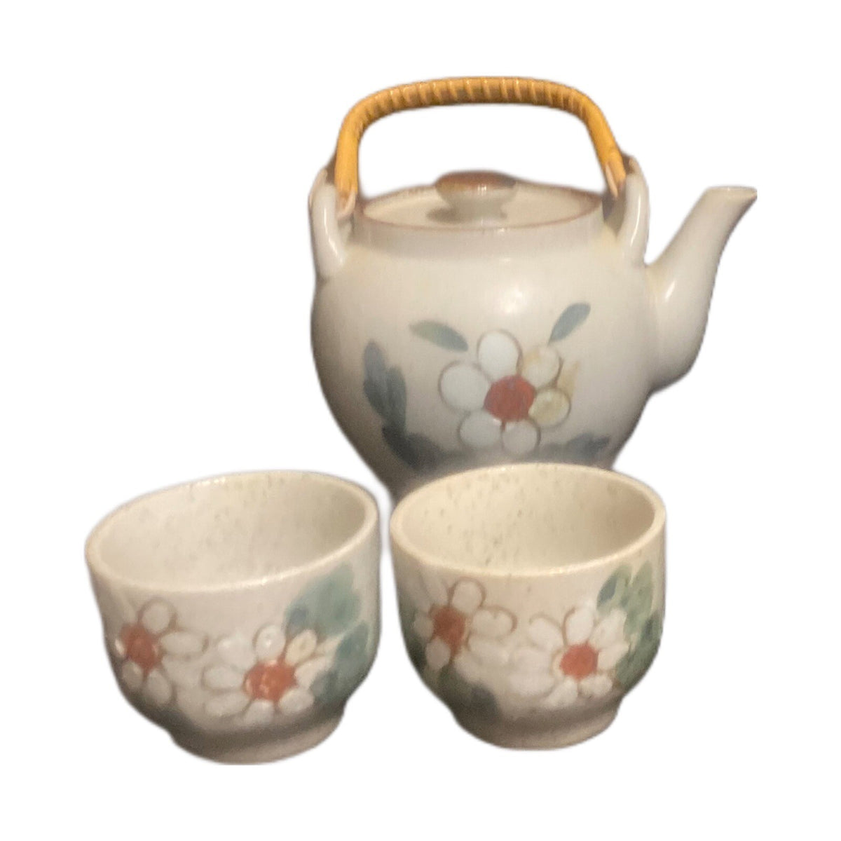 Vintage Lidded Teapot & 3 Cups Floral Stoneware Tea Kettle Ceremony Pottery