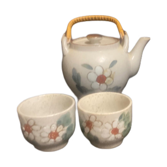 Floral Stoneware Lidded Teapot & Cups Tea Ceremony Set, 4-Piece (Vintage)