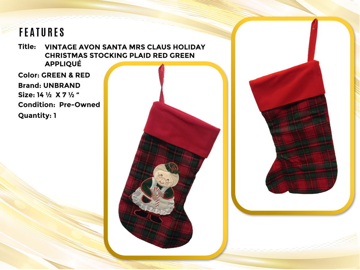 Vintage Avon Santa Mrs Claus Holiday Christmas Stocking Plaid  Red Green