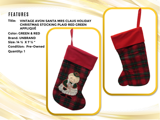 Vintage Avon Santa Mrs Claus Holiday Christmas Stocking Plaid  Red Green