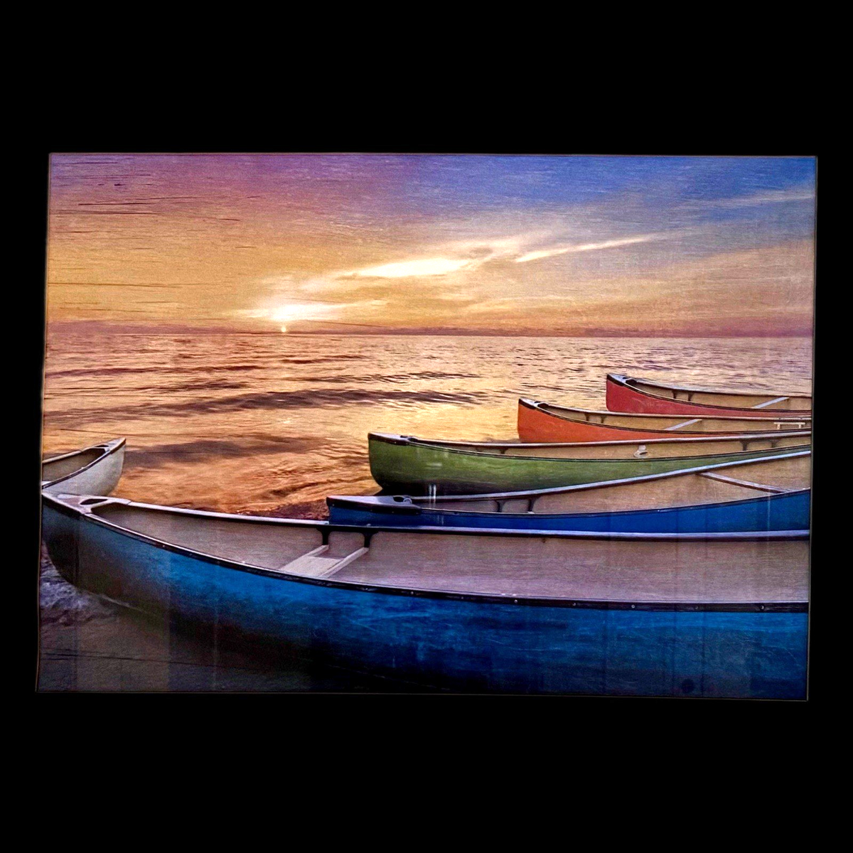 Rainbow Armada Framed Canoe Art Print – Sunset Boats Lake Ocean Wall Decor