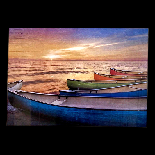 Rainbow Armada Framed Canoe Art Print – Sunset Boats Lake Ocean Wall Decor