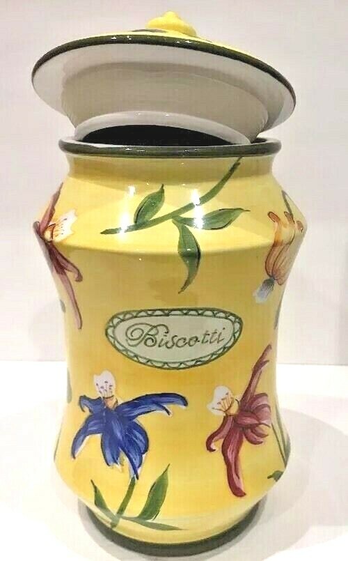 Nonni's Biscotti Cookie Jar & Lid Handmade Ceramic Floral Yellow Canister 12.5"H