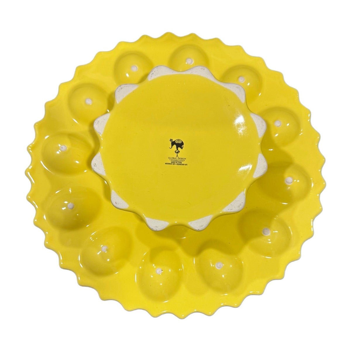 Kate Williams Yellow Deviled Egg Tray Plate 12” Round Holds 16 Eggs Global Desig