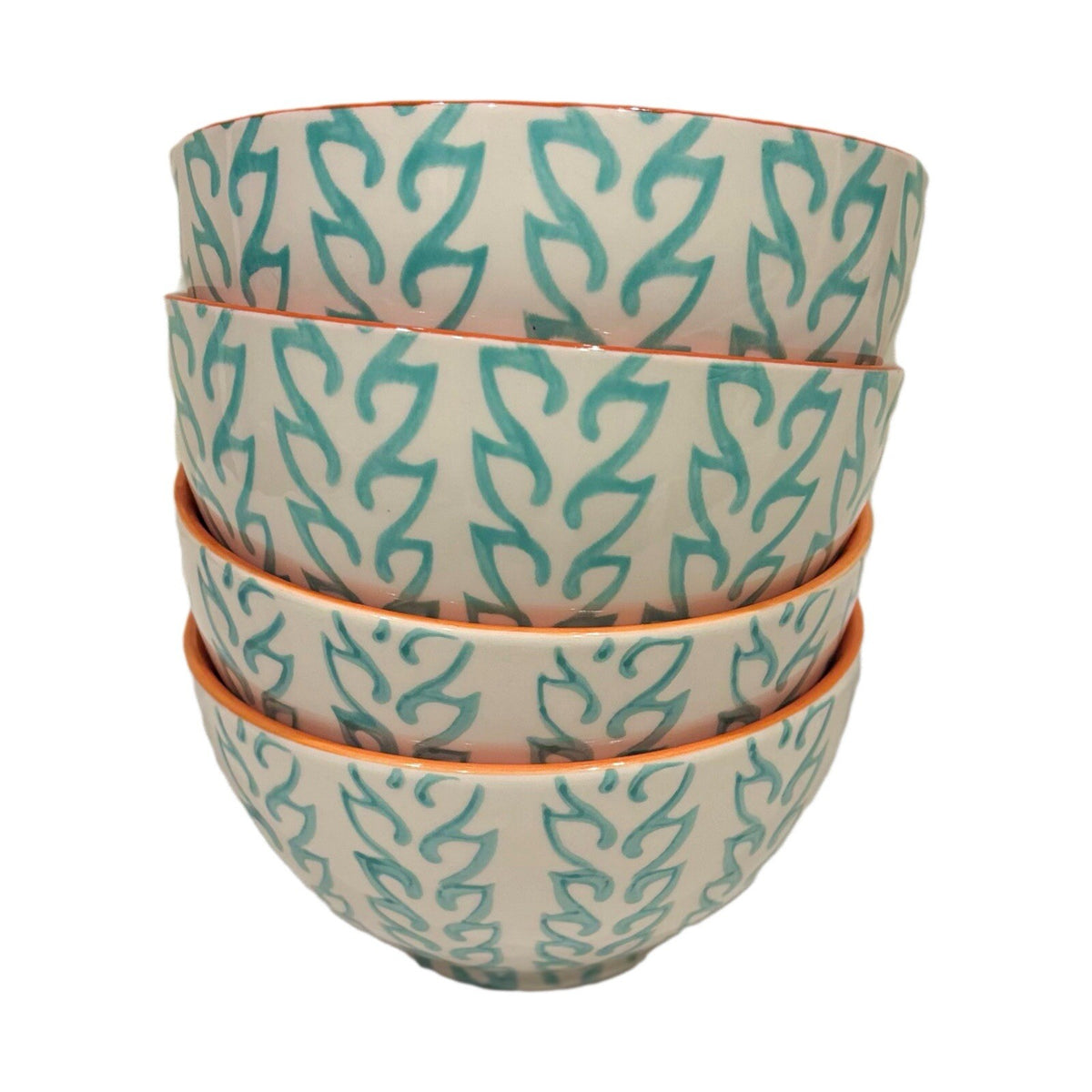 BAUM TANGIER 4- Soup Bowls Turqoise Orange Stoneware Cereal Dinnerware