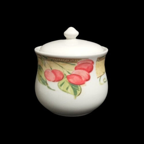 Gibson Designs FRUIT GROVE Sugar Bowl & Lid Cherries Grapes 3 ¾”H White & Fruits