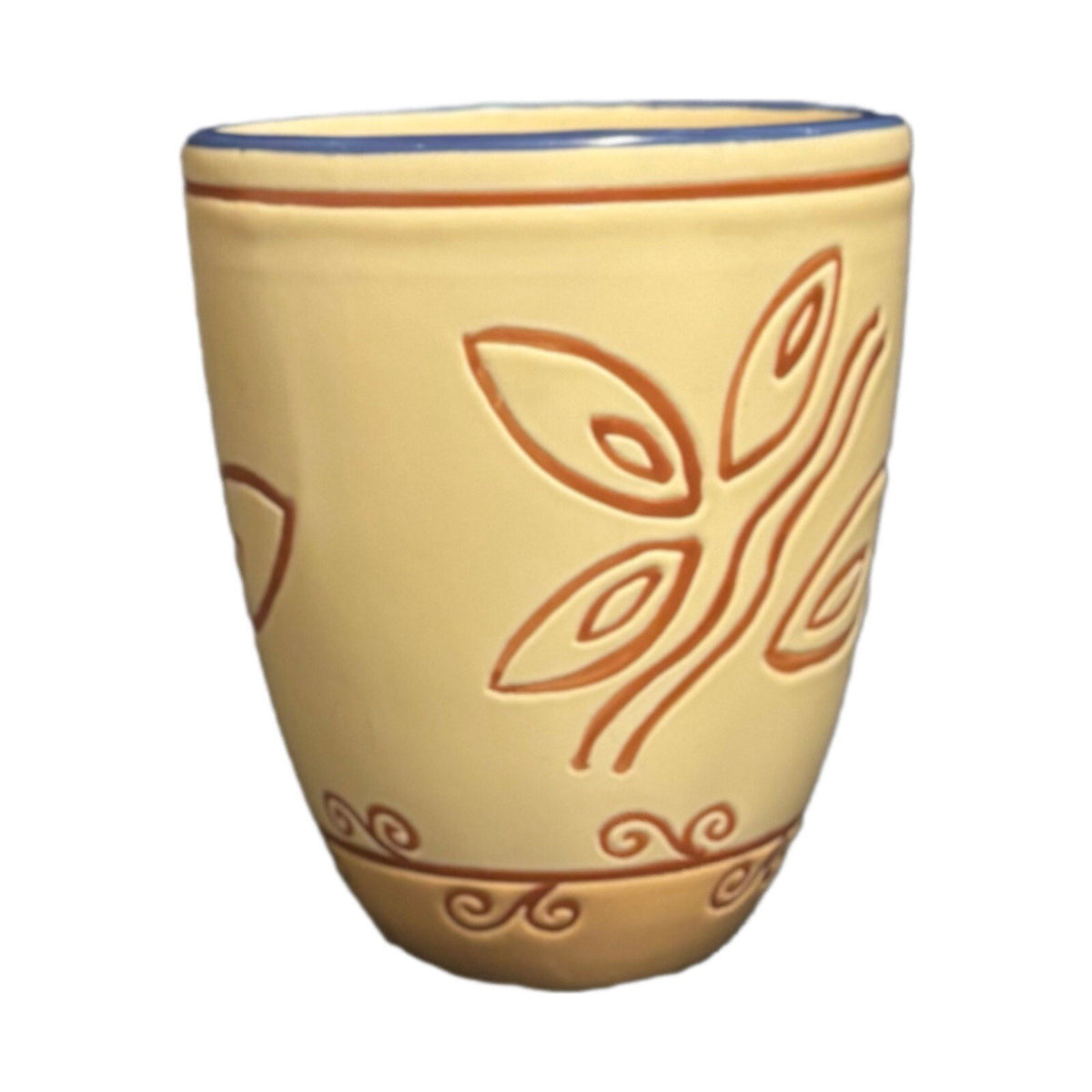 Pfaltzgraff TIMBUKTU 2-Mugs Ceramic Coffee Tea Cups Blue Trim Orange Handle
