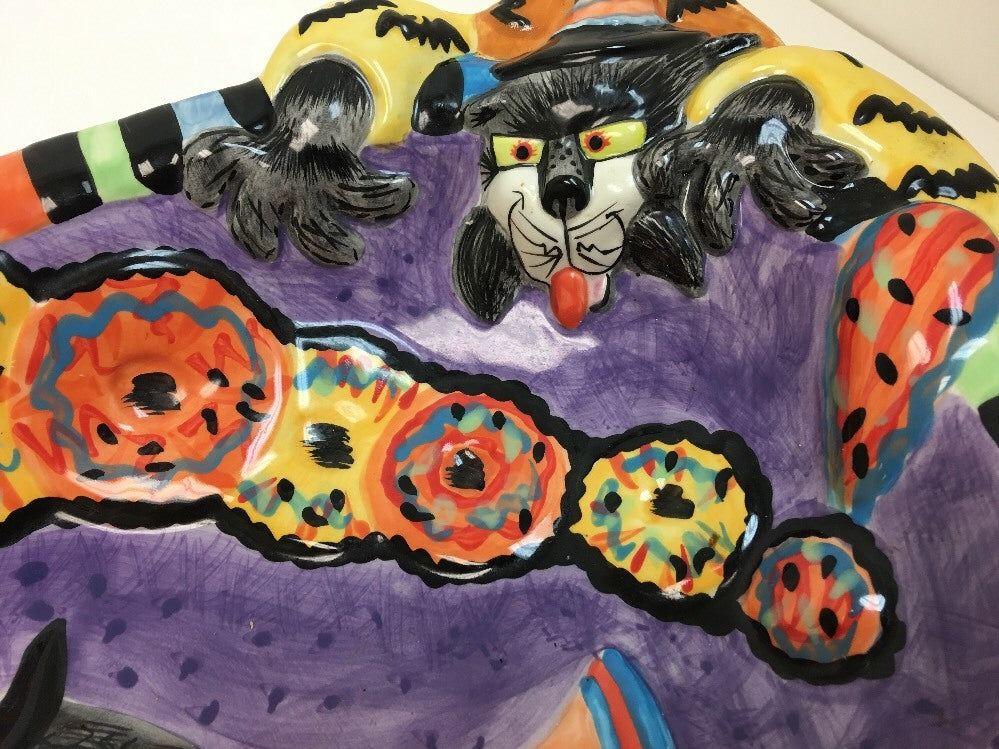 Fitz & Floyd KITTY WITCHES Halloween HandCrafted Ceramic Deep Platter Candy Bowl