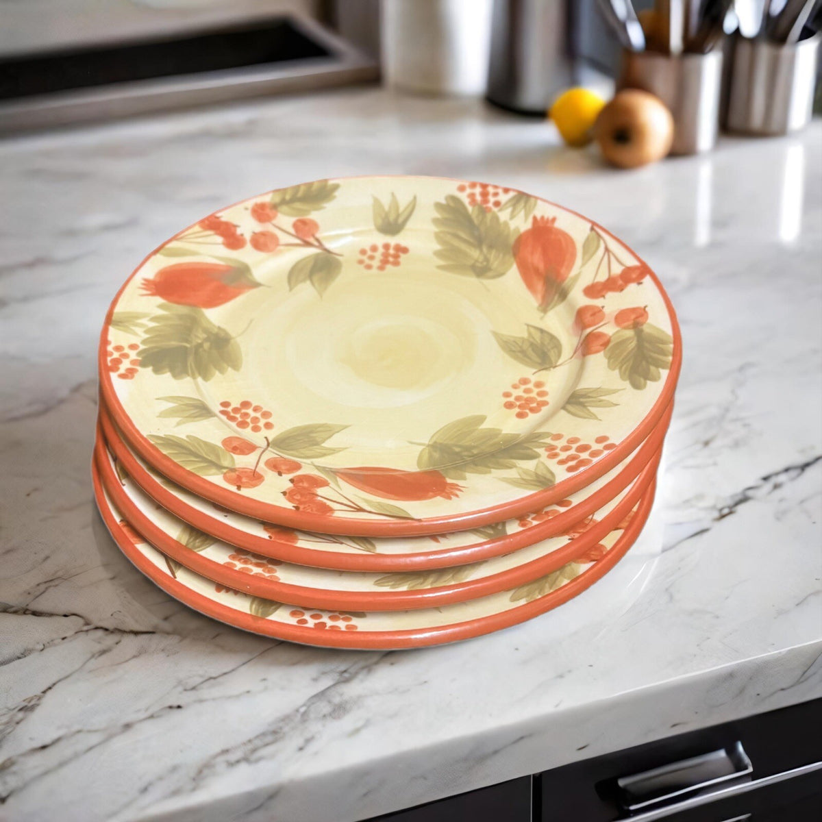 WENDOVER LANE 4-Salad Plates Pomegranate Fruit Design Dessert Appetizer Ceramic