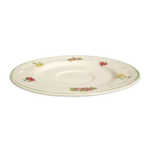 Gibson Designs ORCHARD Saucer 6 ½” D Green Trim Fruit On Rim Cream Background
