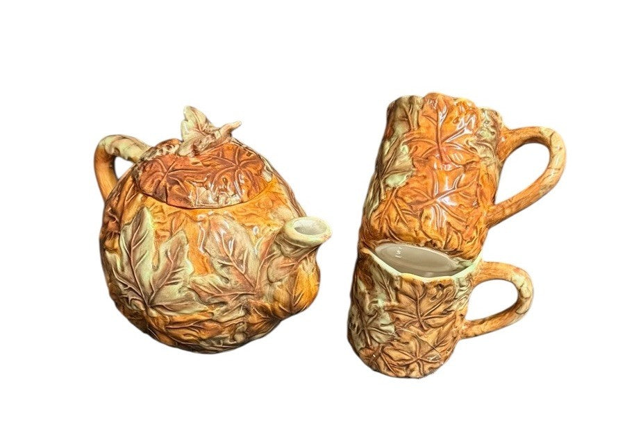 Rare Ceramic Teapot with Lid & 2 Mugs Embossed Autumn Leaves Coffee Tea Set