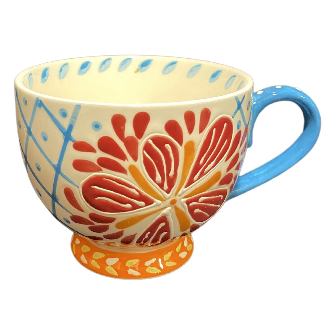 Coastline Imports Artistic Accents Ceramic Floral Coffee Mug Blue Handle Tea Cup