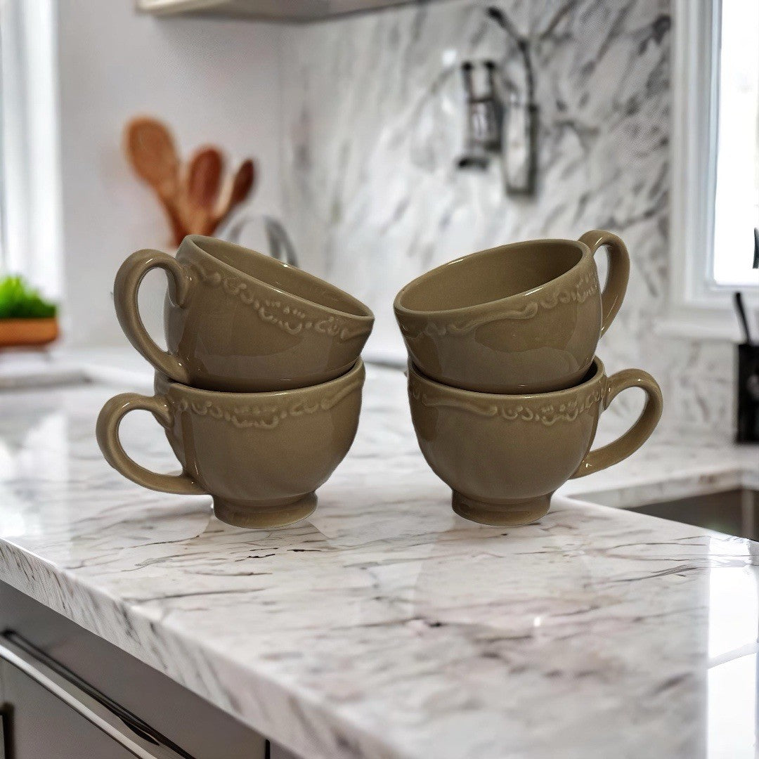Casa Cristina Taupe Scalloped Tea Cups Set of 4 – 3.5”W x 3”H Stoneware