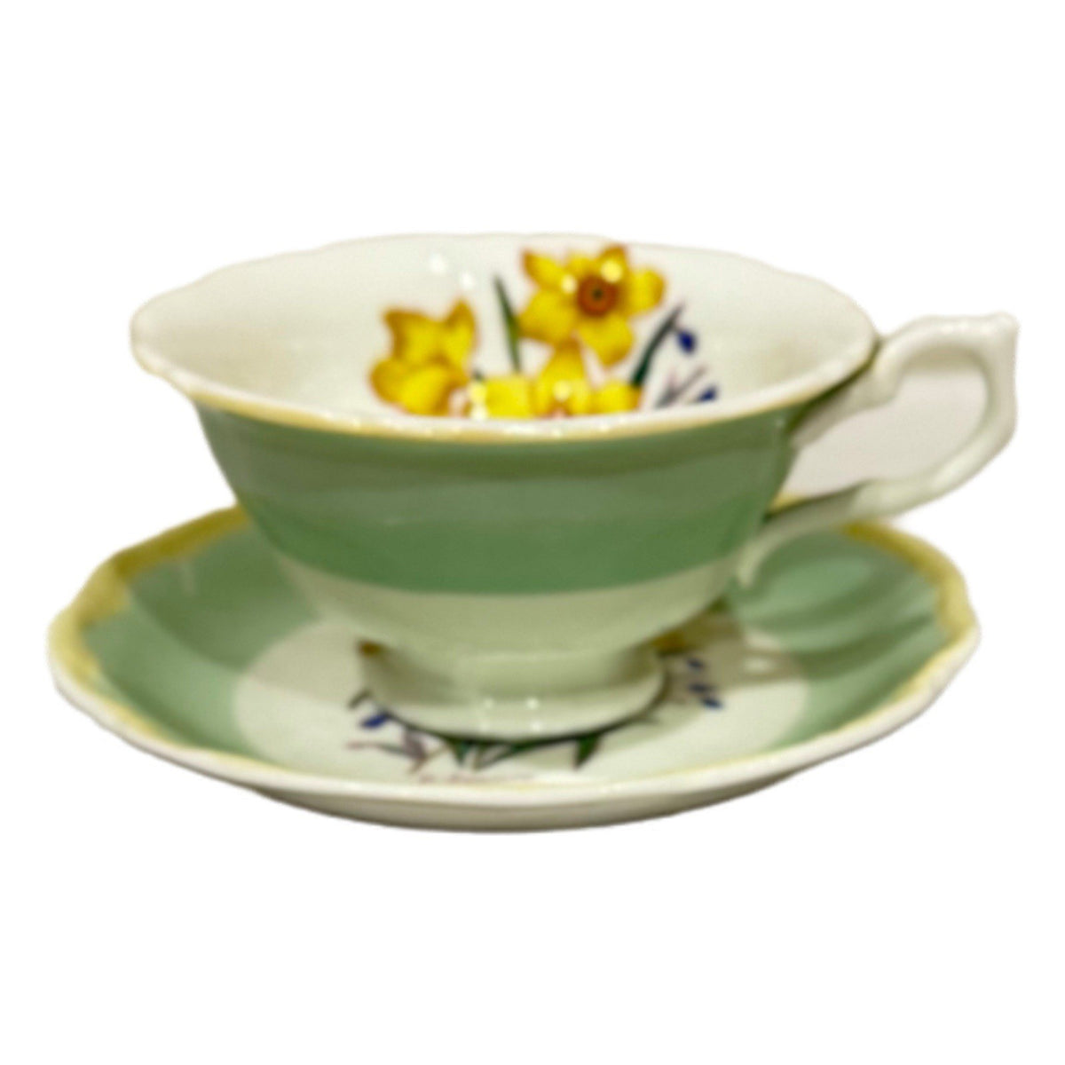 Royal Sealy Japan Daffodil Teacup & Saucer Set Green Yellow Floral Vintage