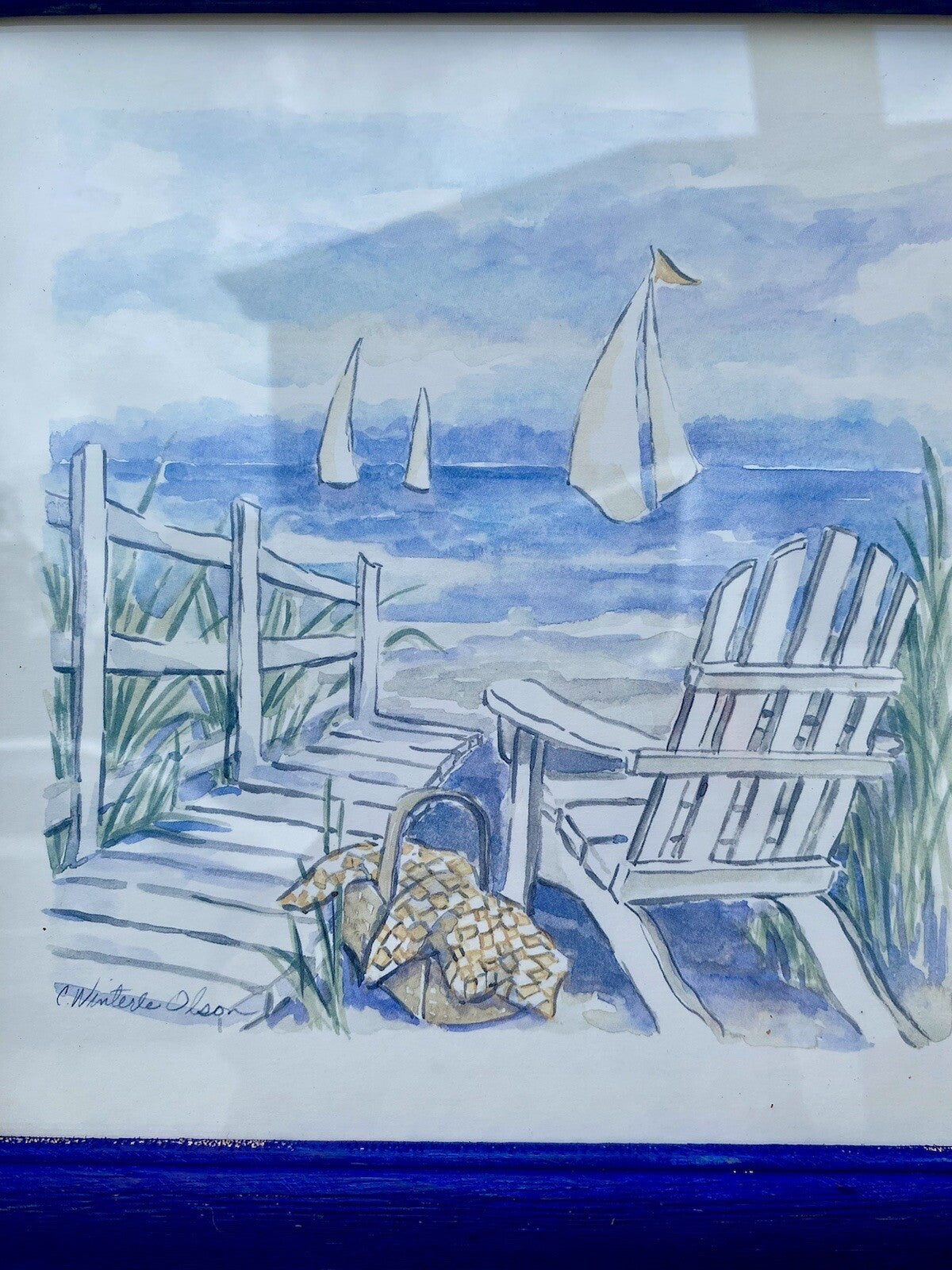 Vintage Set of 4 Charlene Winterle Olson Coastal Beach Prints Blue Frame 11.5"