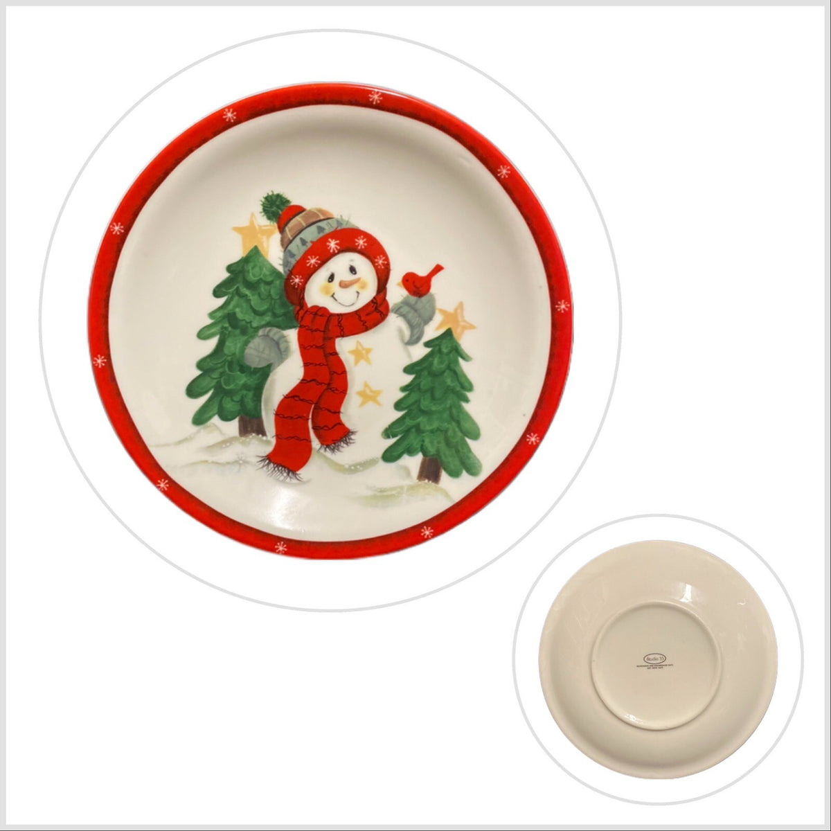 Studio 33 2-Salad Plates Holiday Snowman Red Bird Christmas Tree Stars Red Trim