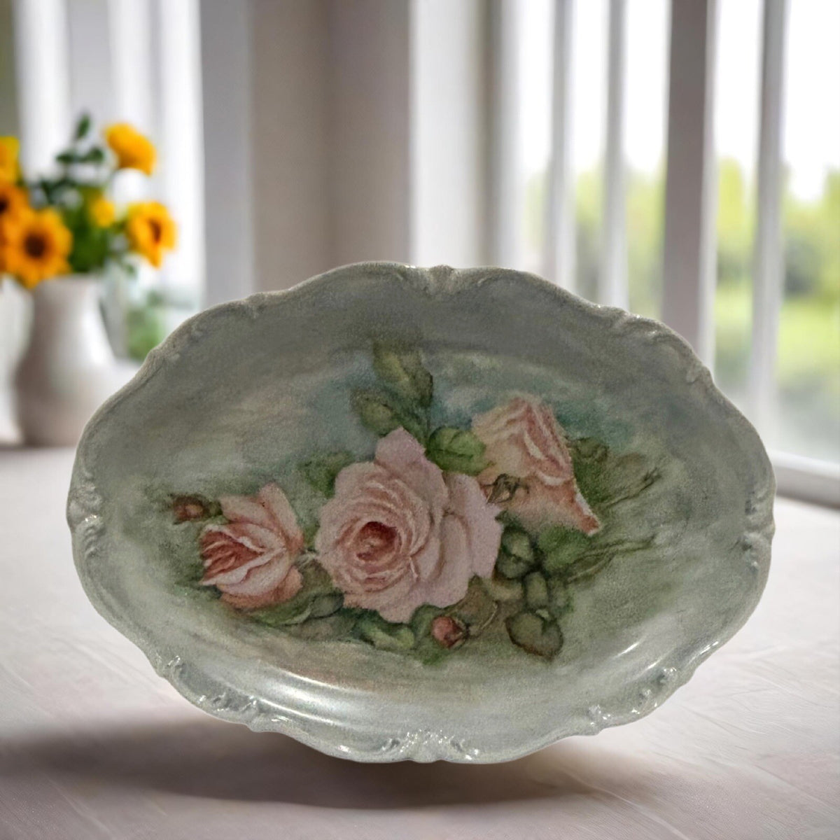 Tirschenreuth BAVARIA Oval Platter Pink Roses Scalloped Germany Serving Tray