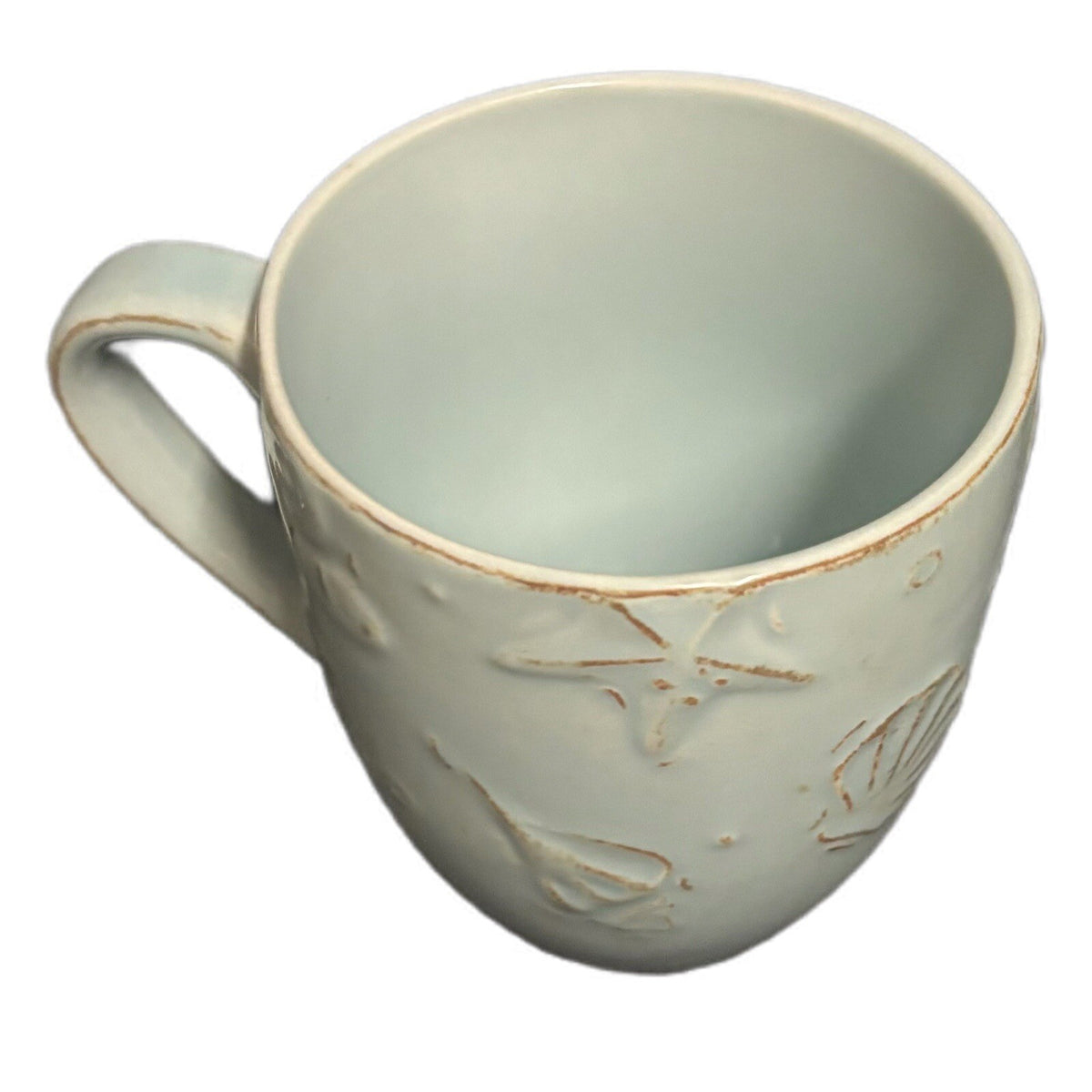 Thomson Pottery 4-Mugs CAPE COD Blue Coffee Tea Cups Embossed Seashells Nautical
