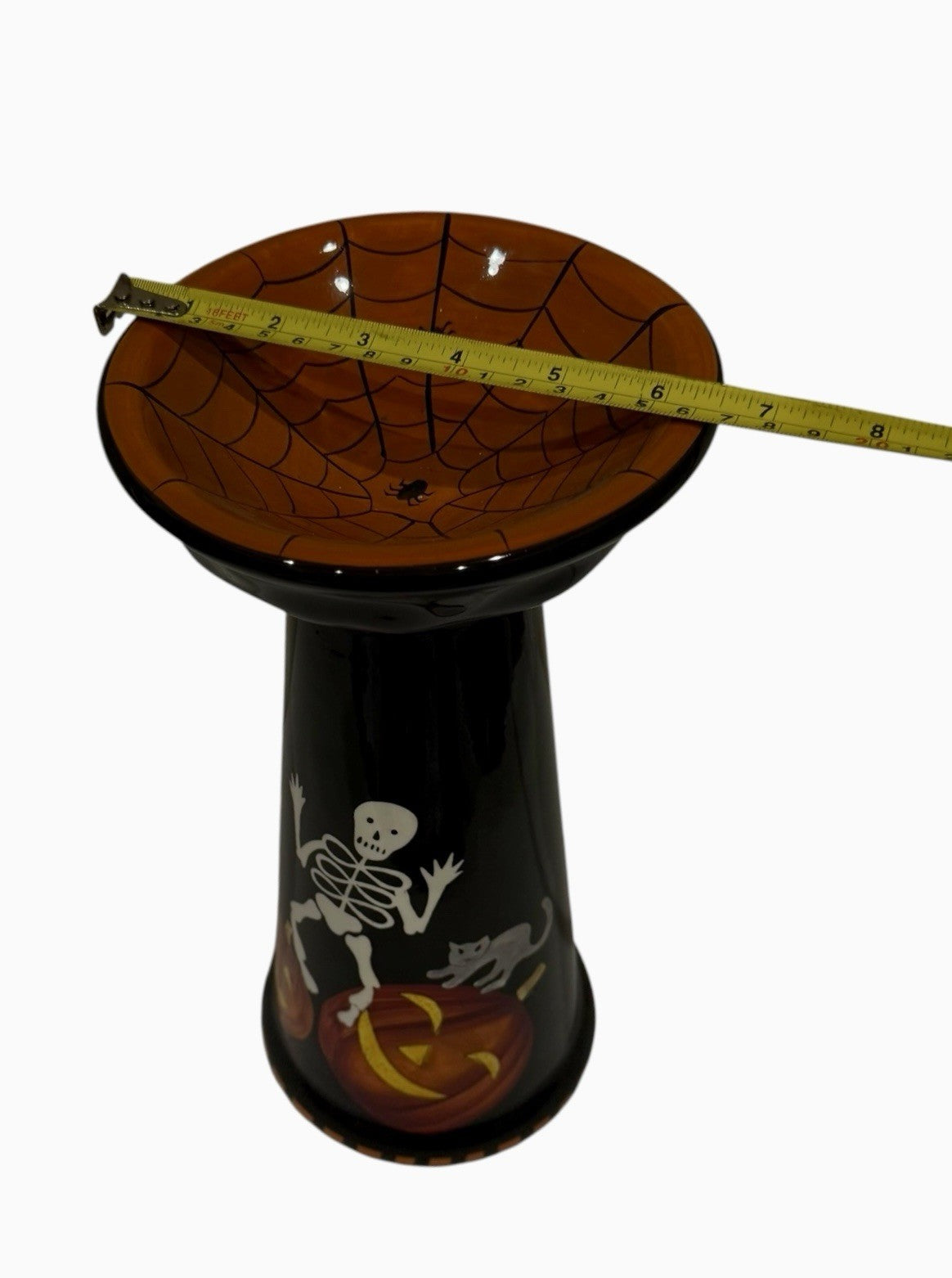 Gates Ware Halloween Skeleton Pumpkin Candy Bowl 11” Pedestal Spiderweb Ceramic