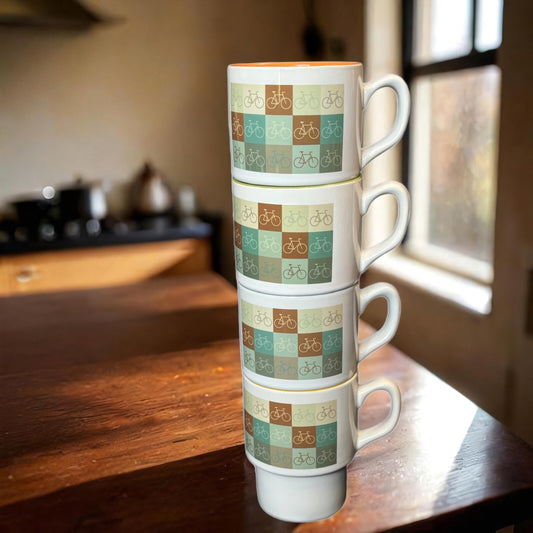 ORCA COATINGS 4-Stackable Mugs Bycicles Assorted Colors Coffee Tea Ceramic Cups