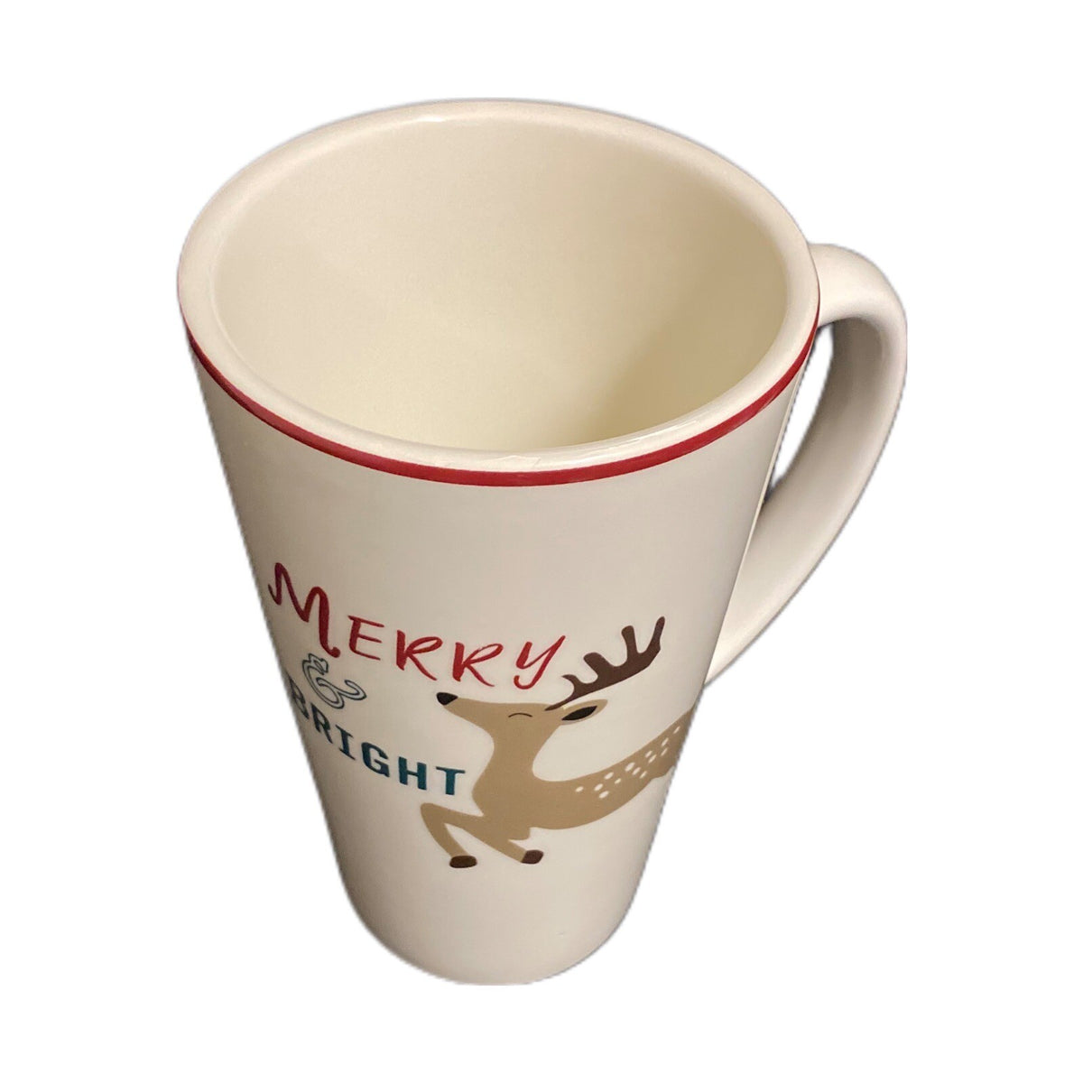 Holiday Home Latte Mug MERRY & BRIGHT Christmas Coffee Tea Reindeer Cup 16 oz.