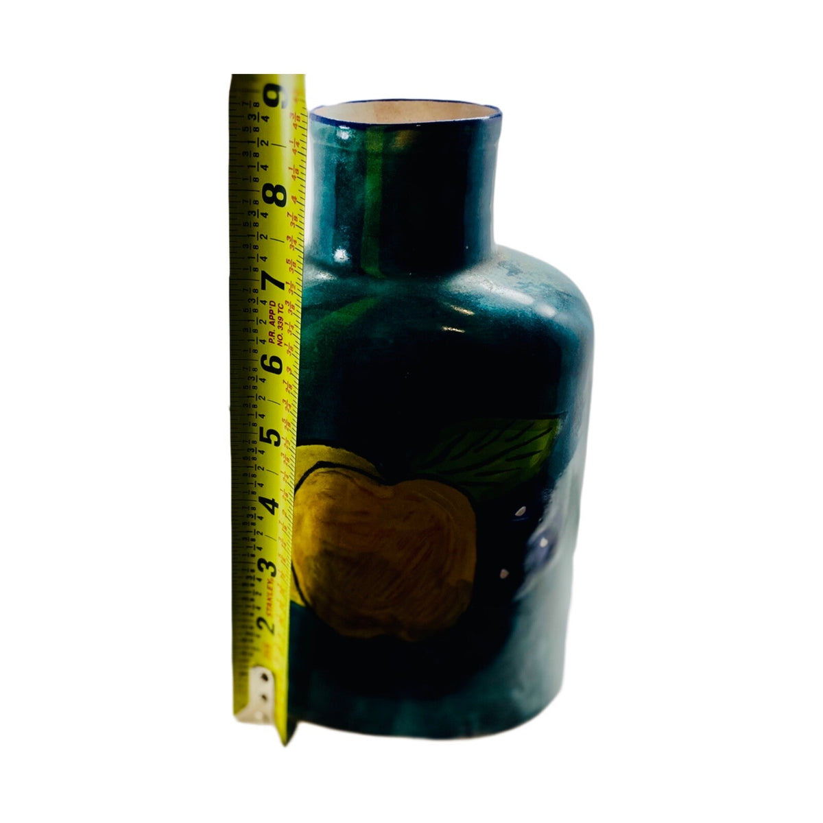 Vintage Vase Hand Painted TALAVERA Mexican Pottery Turquoise Yellow Apple Pear