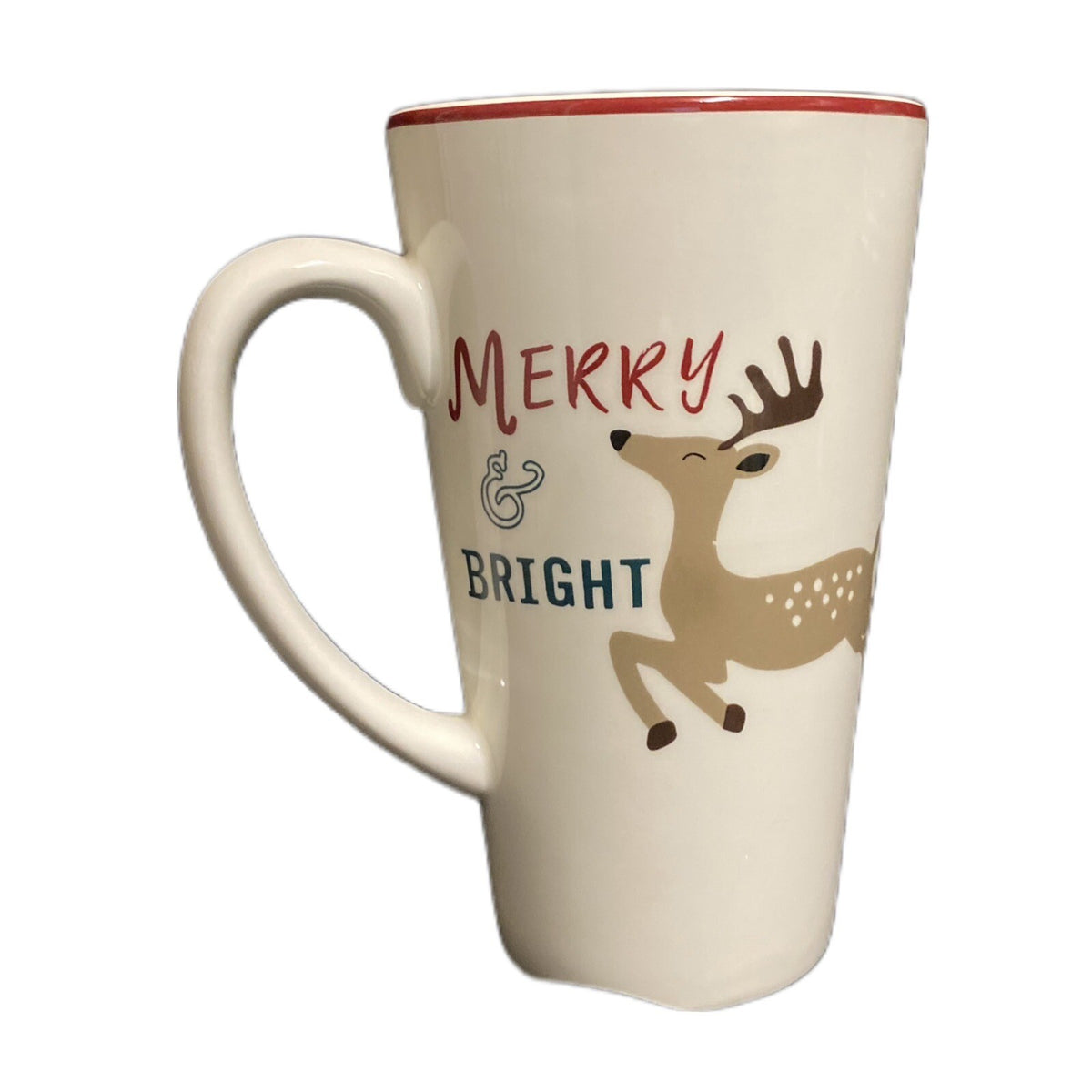 Holiday Home Latte Mug MERRY & BRIGHT Christmas Coffee Tea Reindeer Cup 16 oz.