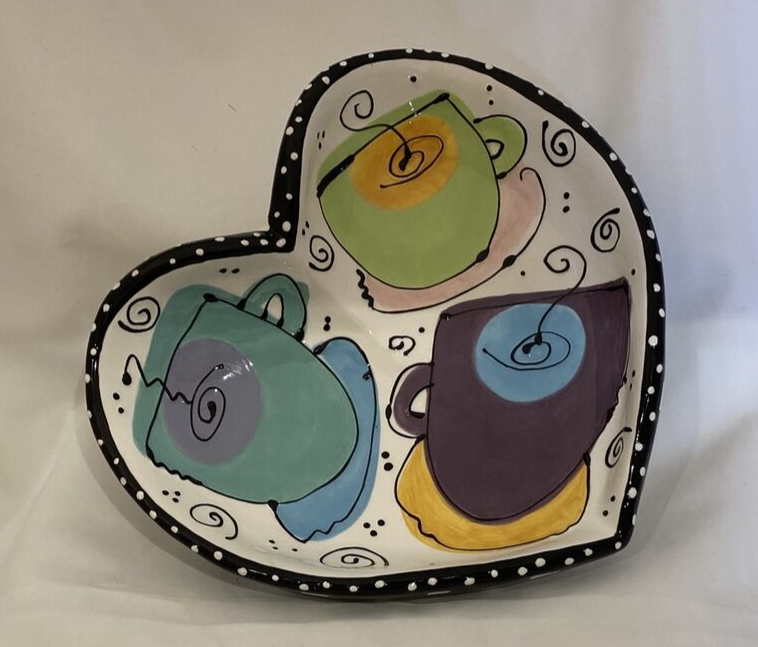 Joanne Delomba W/ Love For Lotus Serving Heart Shaped Dish Black Rim White Dots