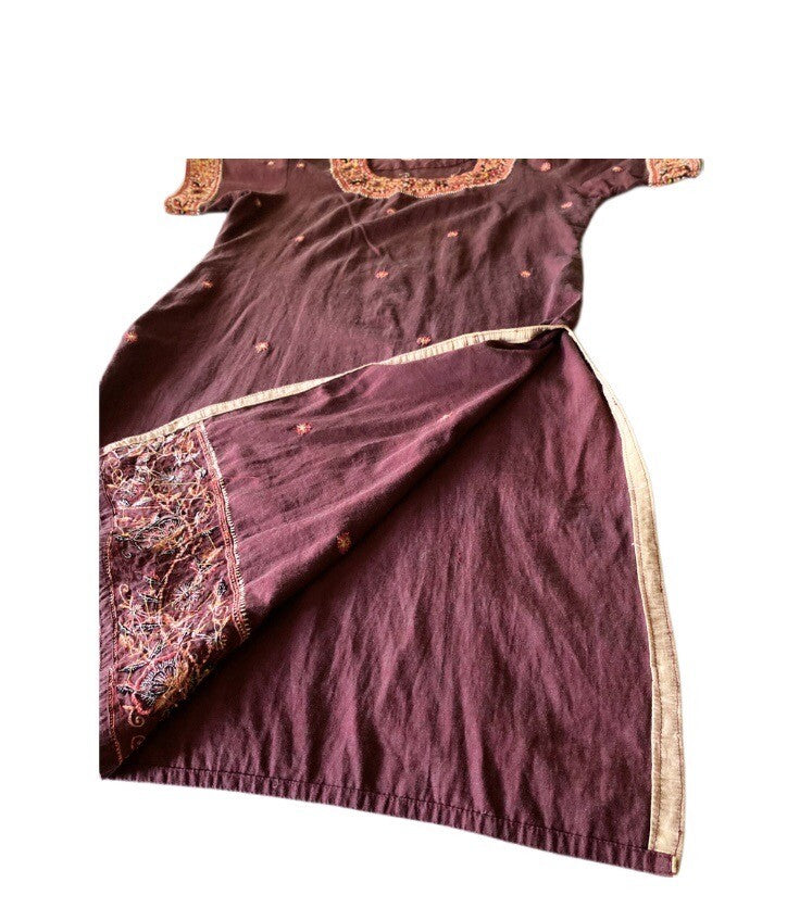 Women Embroidered Dress Kurti Indian Embellished Mirrors Tunic Top Purple Kurta