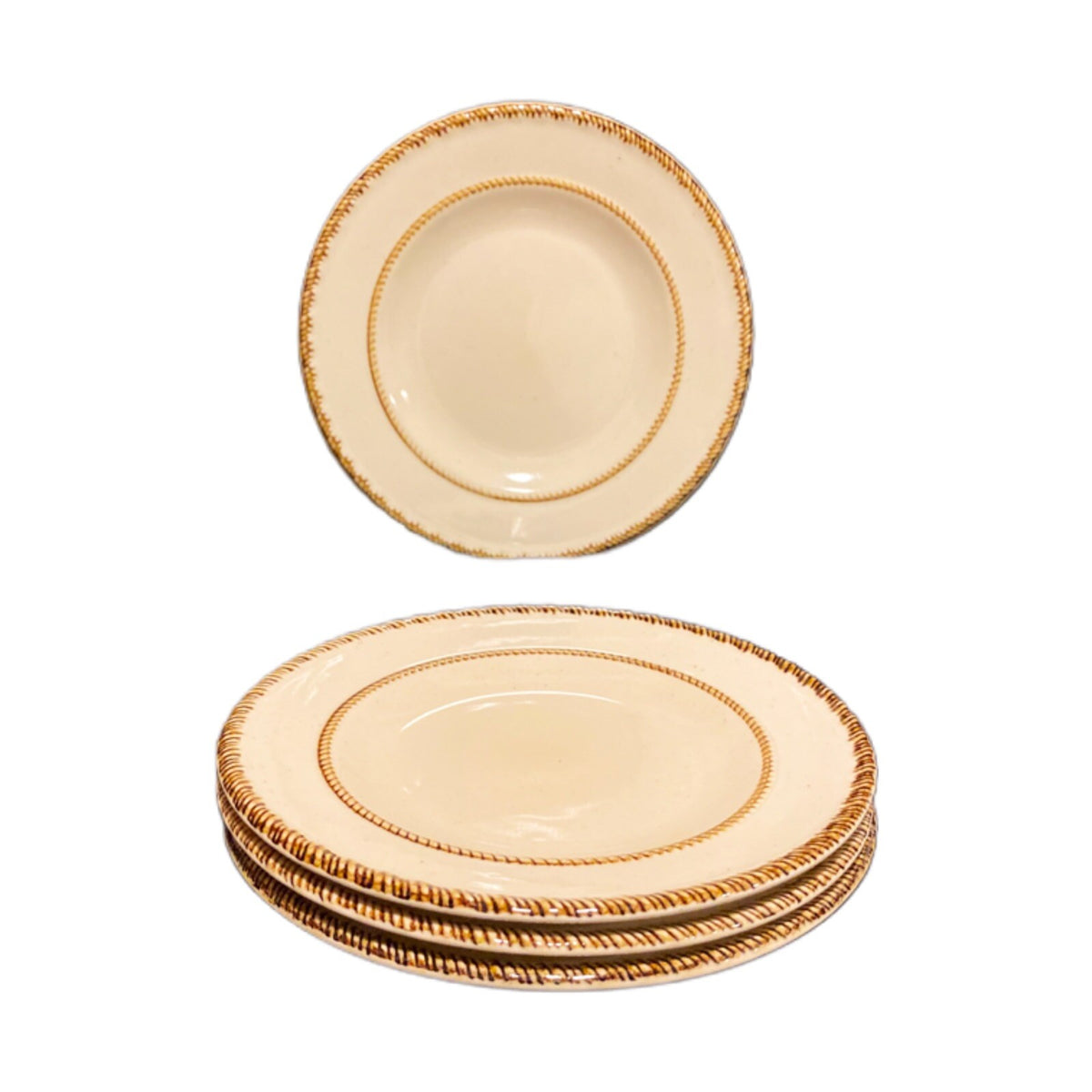 Rare Vintage TAHITI 4-Salad Plates Stoneware Tan Brown Speckled Embossed Border
