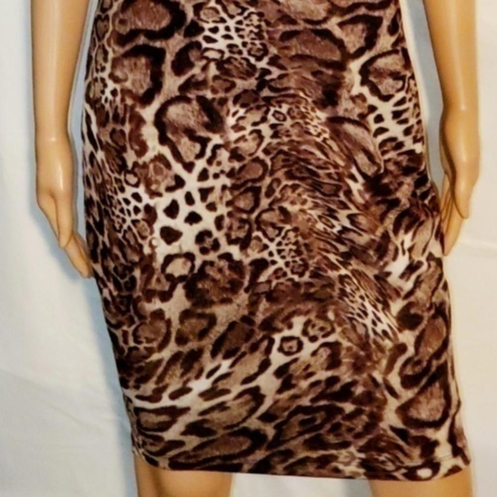 Leopard Print Bodycon Dress Woman Midi Fitted Silhouetted Scoop Neckline S
