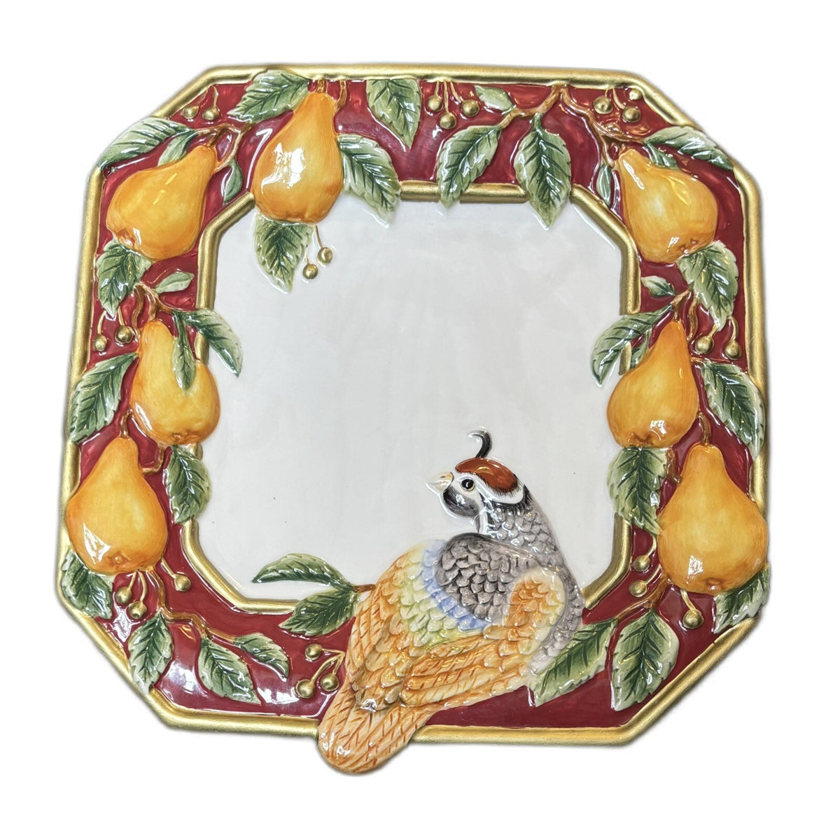 Fitz & Floyd Plate Partridge Bird Pears Canapé Wall Hanging Holiday Embossed Art