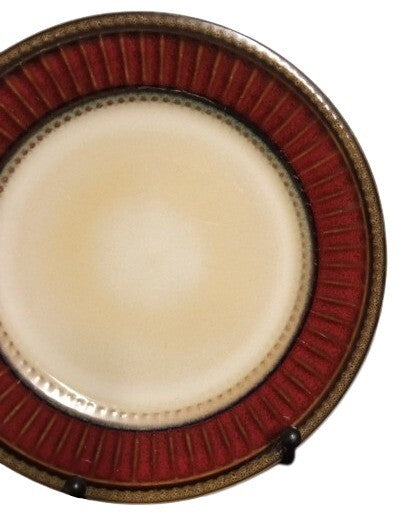 Gibson Elite ARTISTE RED 4-Salad Plates 7 5/8” D Red Brown Rim Ribbed and Dots